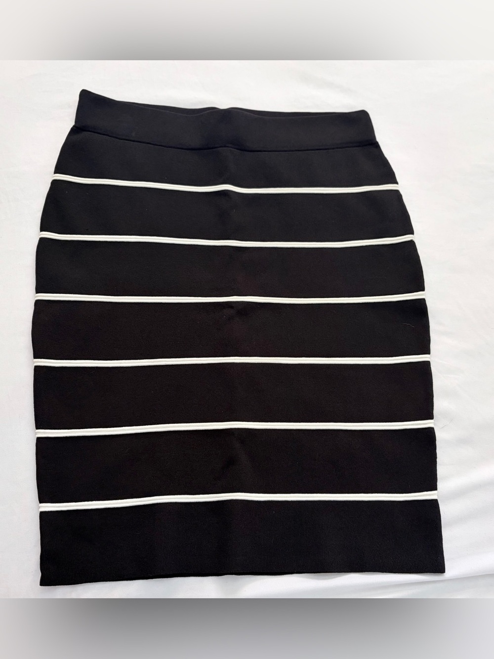 Elle Black Pencil Skirt with White Horizontal Stripes